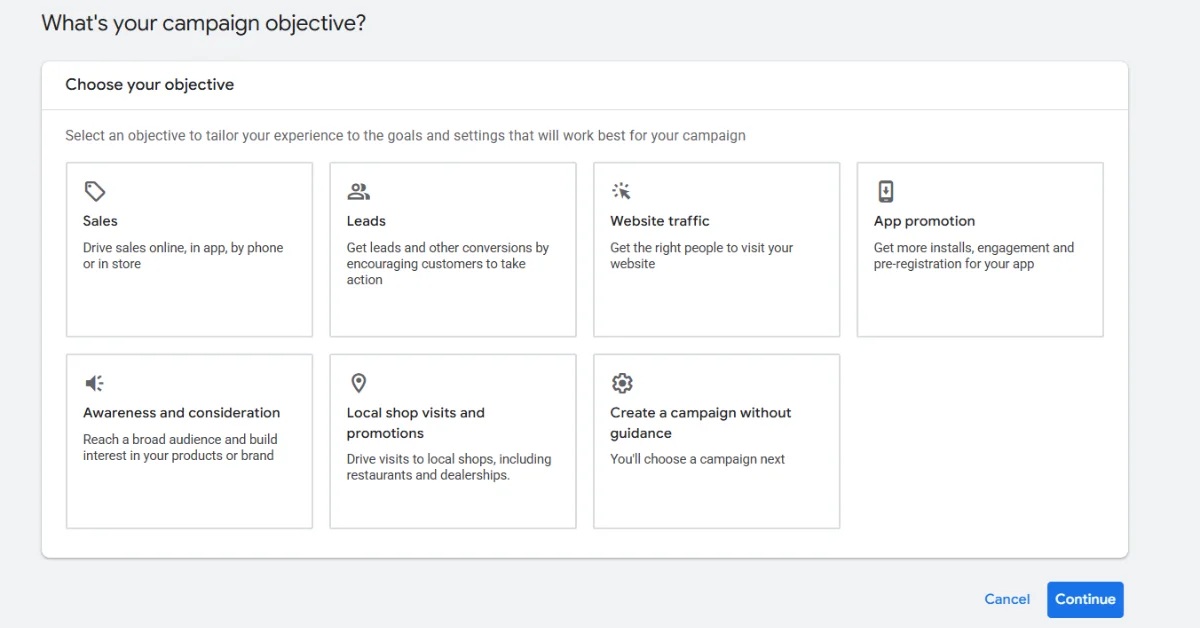 Google Ads interface displaying different campaign objective options.