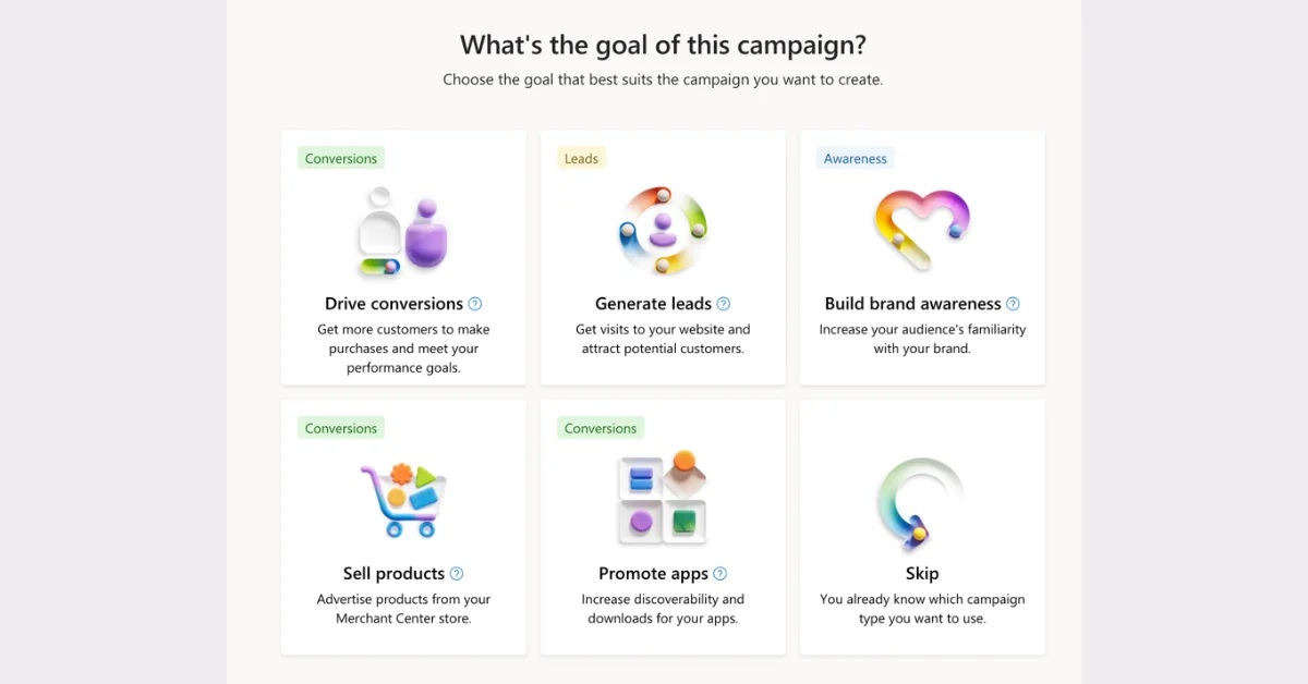 Microsoft Ads interface displaying campaign goal options for advertisers.